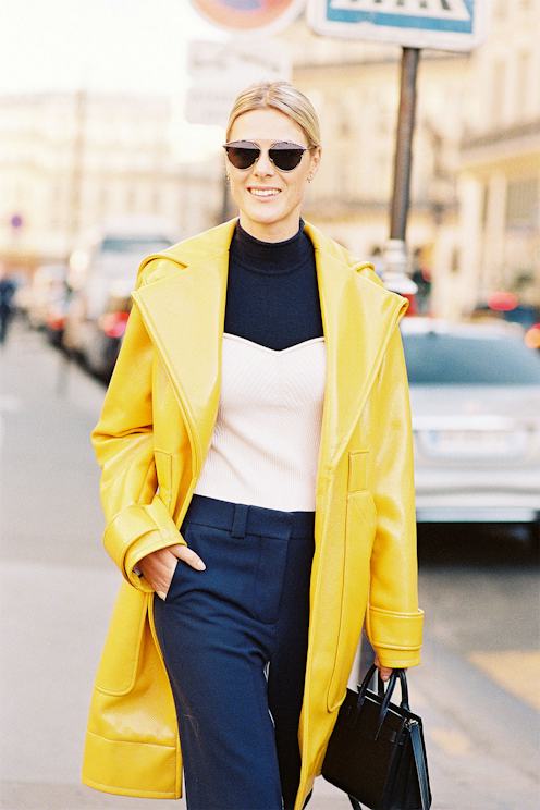 Vibrant Yellow Patent Coat with Black Turtleneck Vibrant Yellow Patent Coat with Black Turtleneck — Winter Outfits for Warm Weather