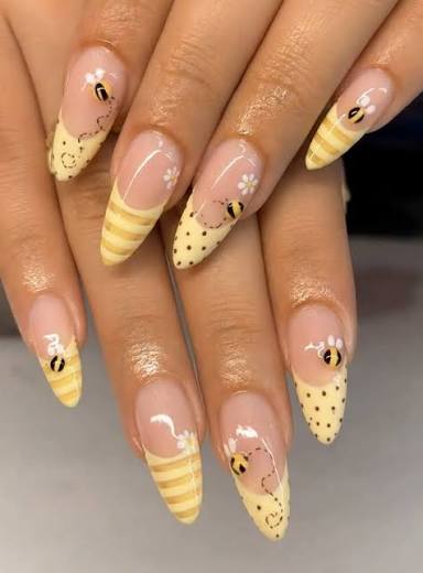 Sheer Pink Almond with Bees and Daisies — trendy almond nail designs
