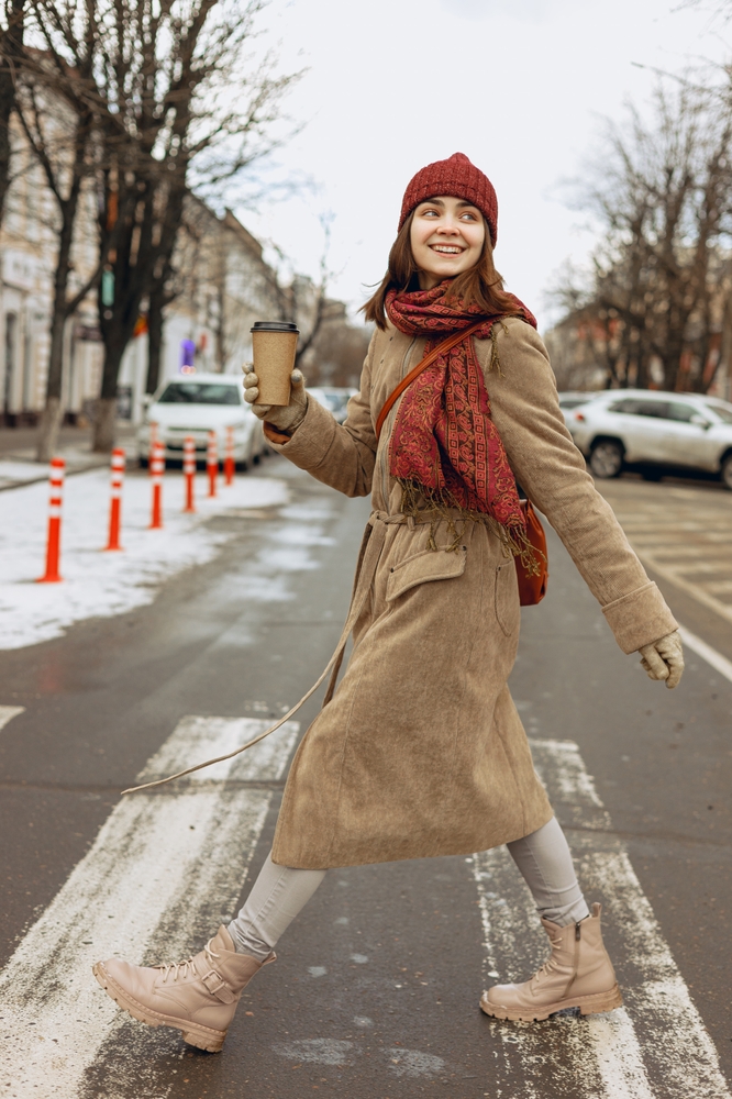 Long Beige Coat with Red Accents — Italy Winter Outfits
