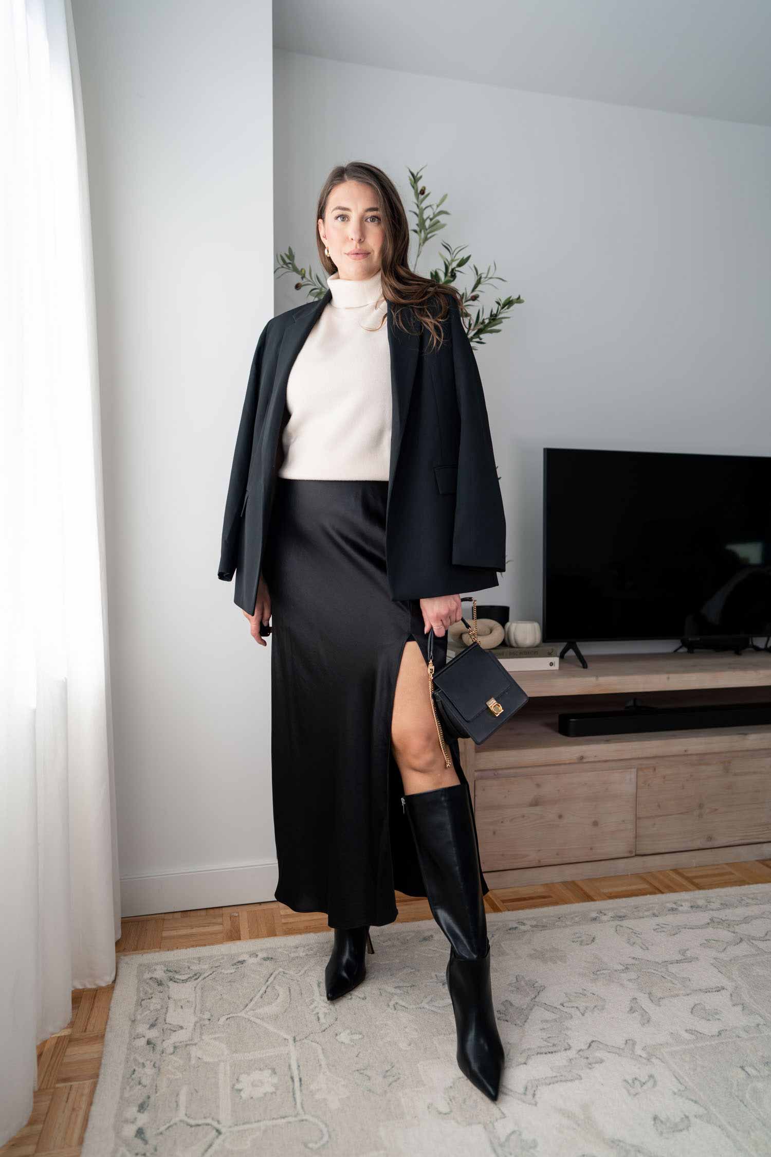 Chic Sophistication: Silk Slip Skirt and Black Pointed-Toe Boots — Knee High Boots Outfits