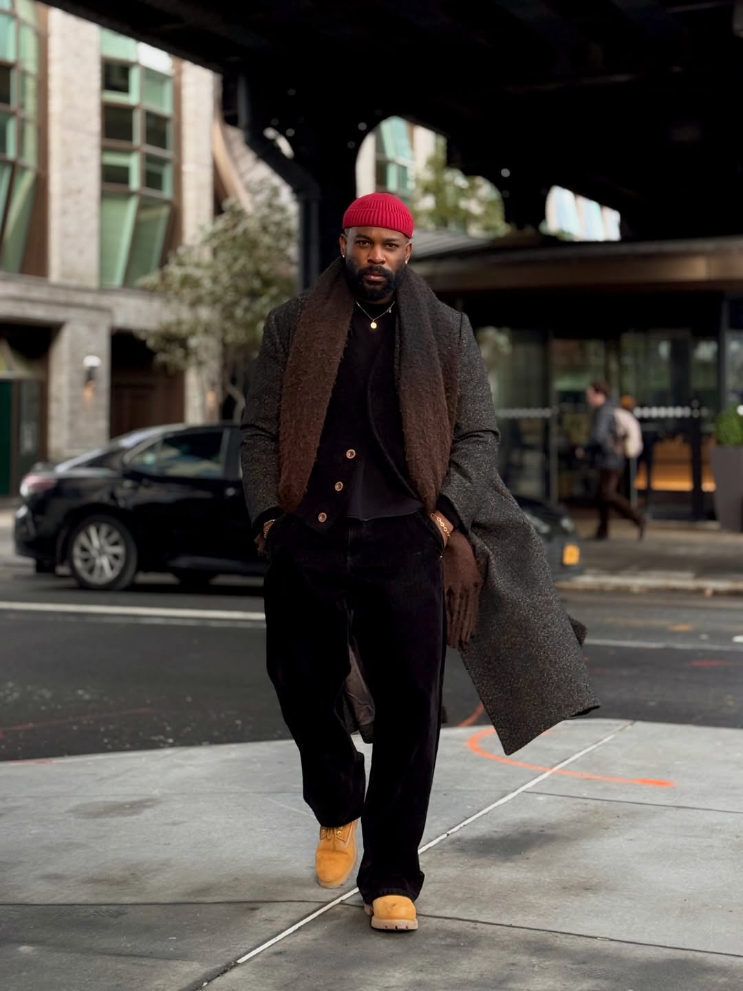 Patterned Overcoat with Beanie and Scarf for Cozy Winter — Winter Outfits for Men