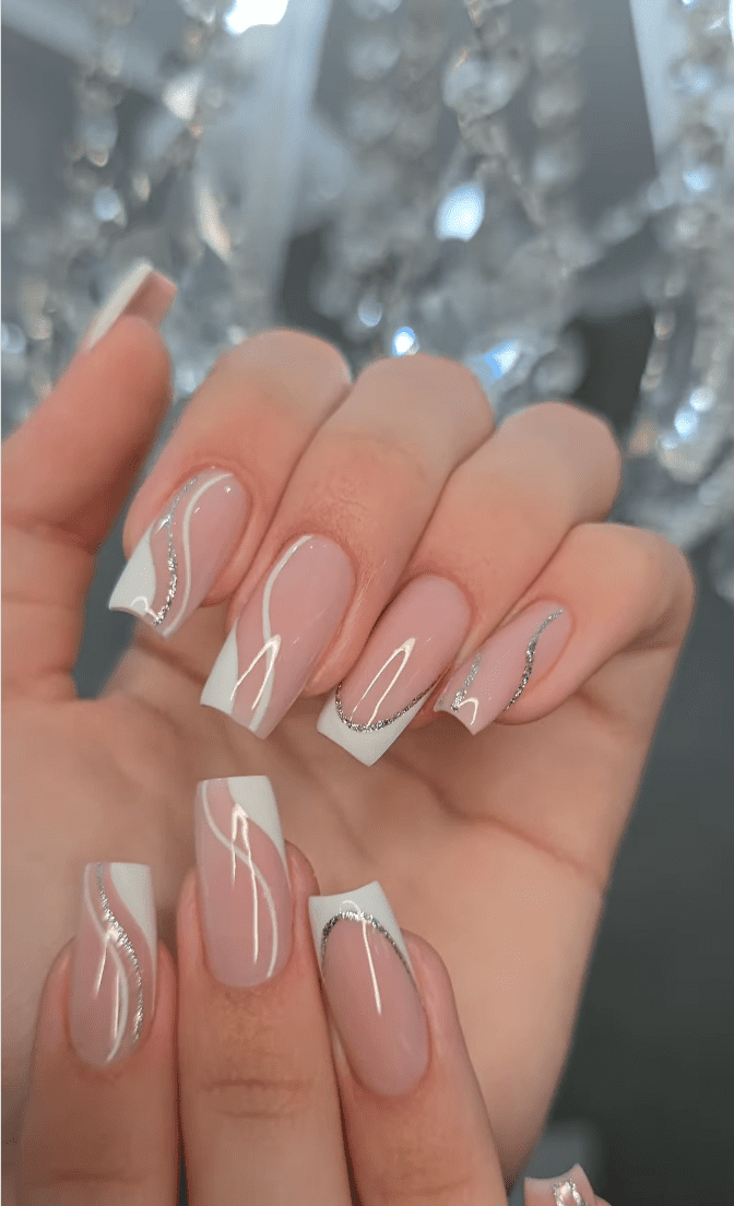 White French Tips with Silver Glitter Lines White French Tips with Silver Glitter Lines — french nail designs