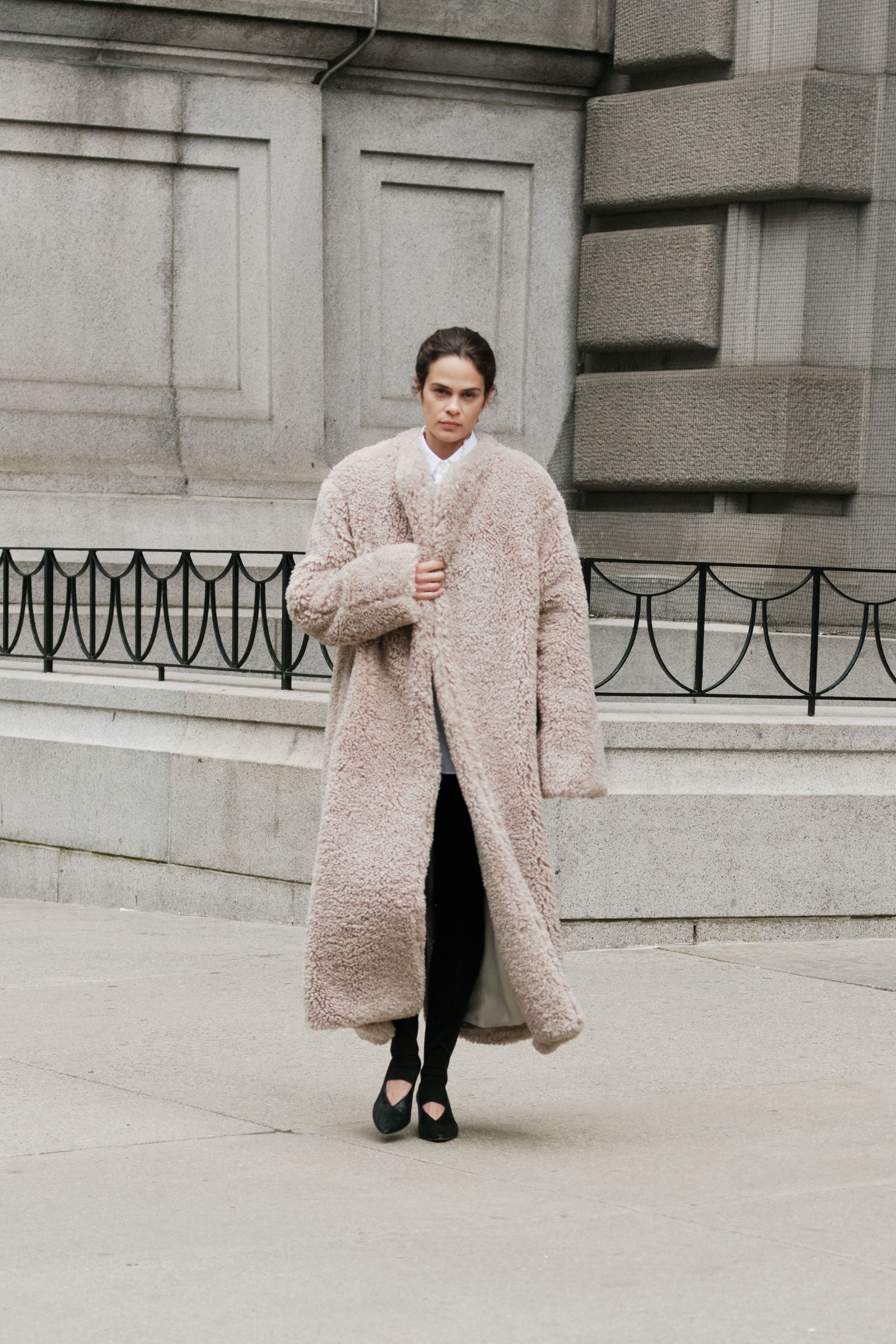 Oversized Teddy Coat Over White Shirt and Leggings — Late Winter Outfits