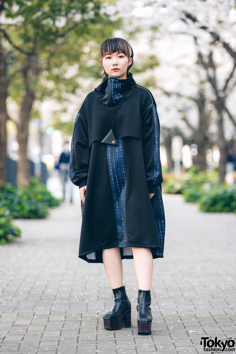 Unique A-Line Dress with Graphic Print and Platform Boots — Japan Winter Outfits