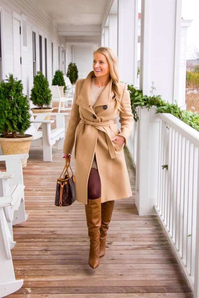 Chic Belted Camel Wool Coat with Knit and Knee-High Boots — Wool Coat Outfits