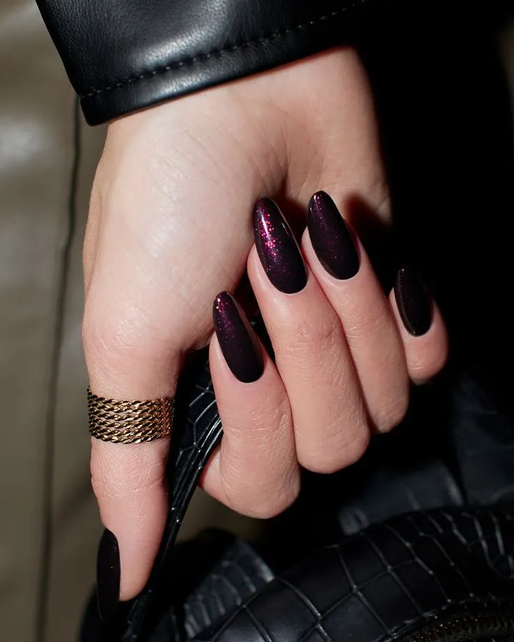 Shimmering Burgundy Almond Nails Shimmering Burgundy Almond Nails — Dark Winter Nails