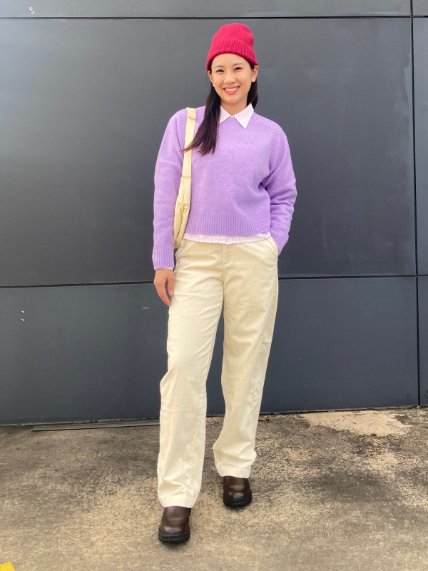 Red Beanie with Lilac Sweater and Cream Corduroy Trousers Red Beanie with Lilac Sweater and Cream Corduroy Trousers — Beanie Outfits