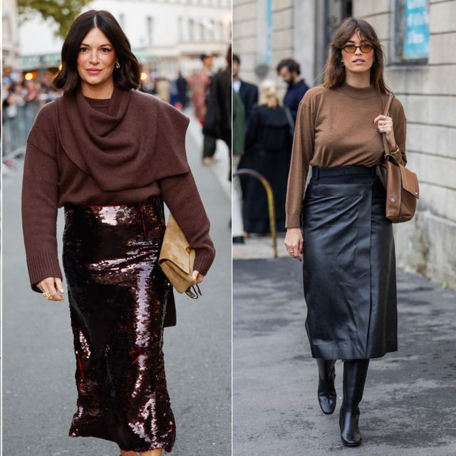 Beige Pencil Skirt with Off-the-Shoulder Sweater — Winter Skirt Outfits