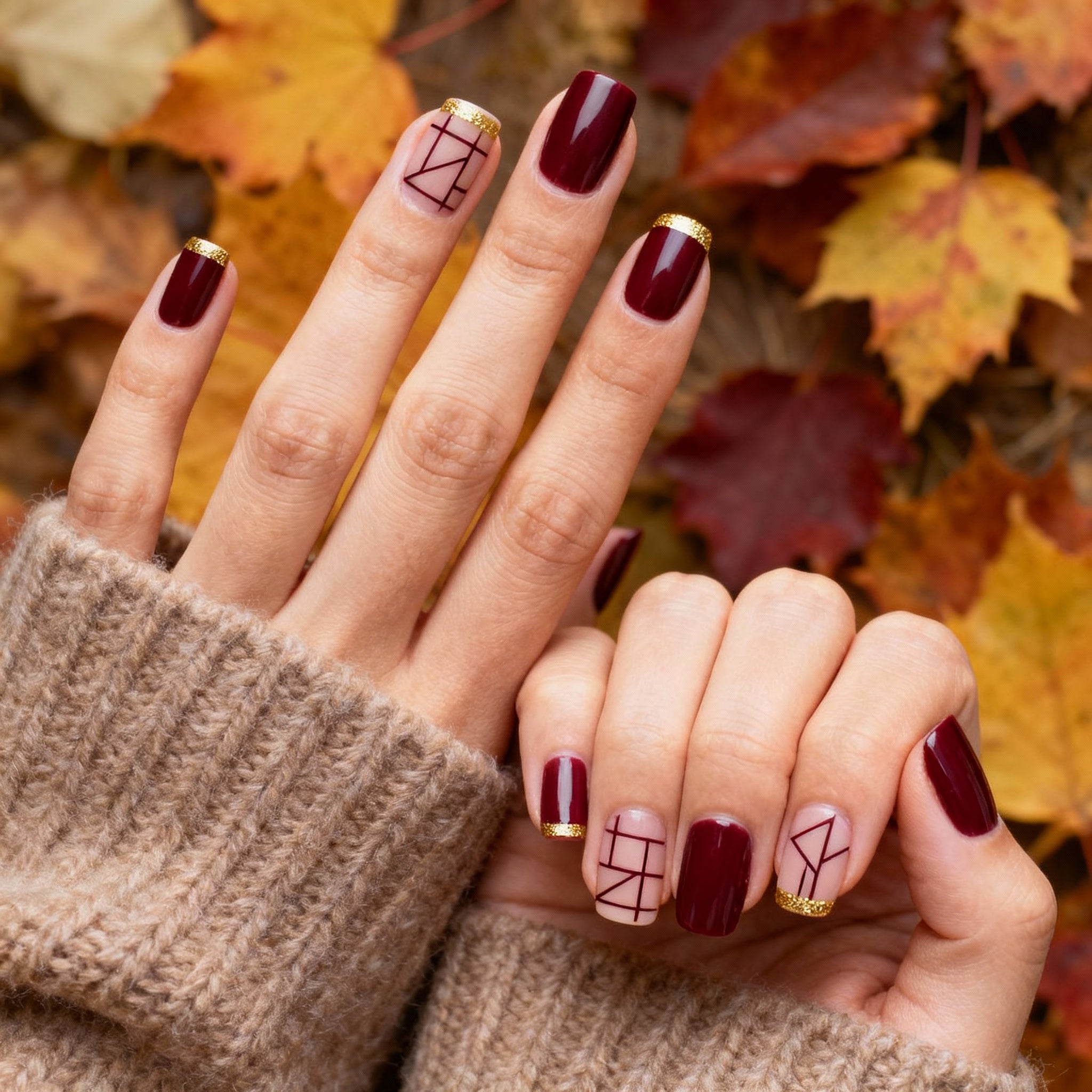 Burgundy with Gold Geometric Accents Burgundy with Gold Geometric Accents — Fall to Winter Nails