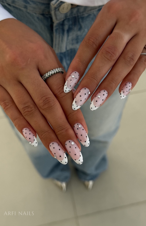 Black Polka Dot French Tips with Rhinestones Black Polka Dot French Tips with Rhinestones — french nail designs