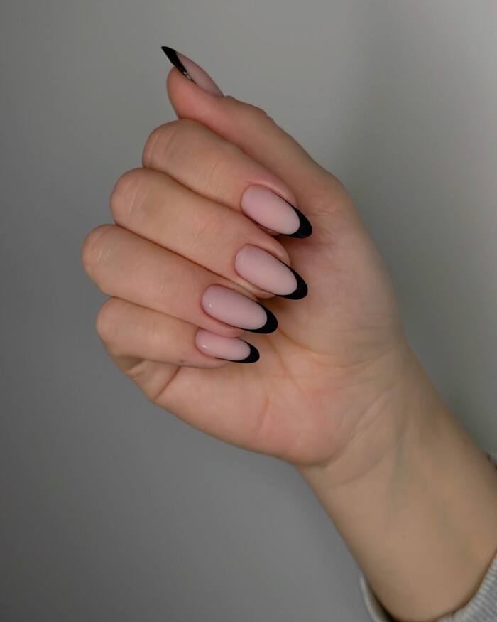 Nude Black French Tip Almonds Nude Black French Tip Almonds — almond nail designs