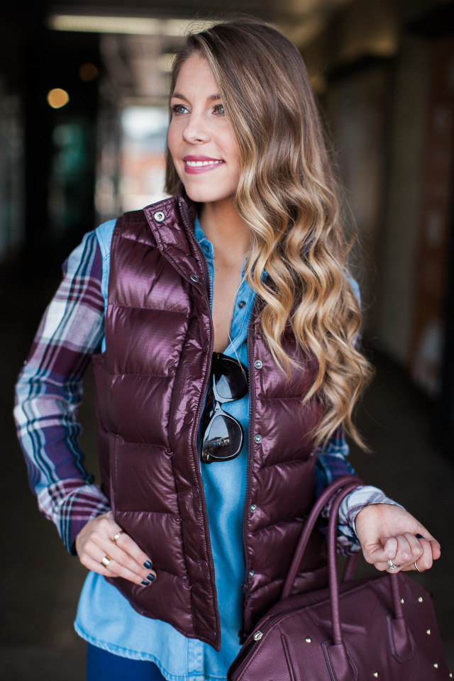 Burgundy Puffer Vest Over Plaid Shirt — Puffer Vest Outfits