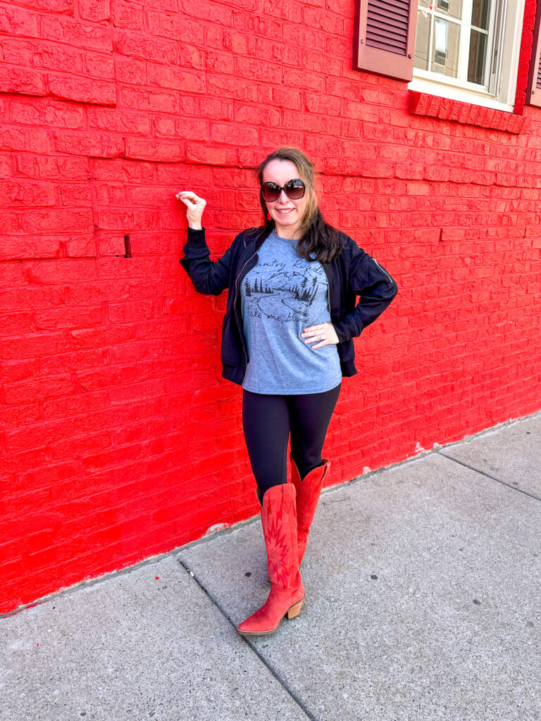Casual Graphic Tee and Leggings with Bold Red Cowboy Boots — Nashville Winter Outfits