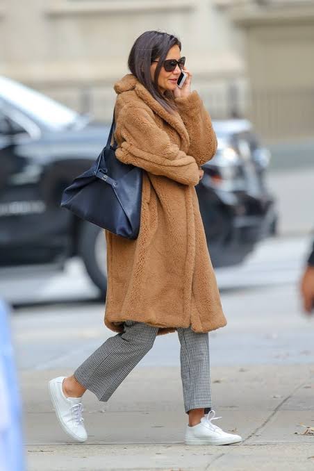 Relaxed Daytime: Brown Teddy Coat with Plaid Trousers — Teddy Coat Outfits