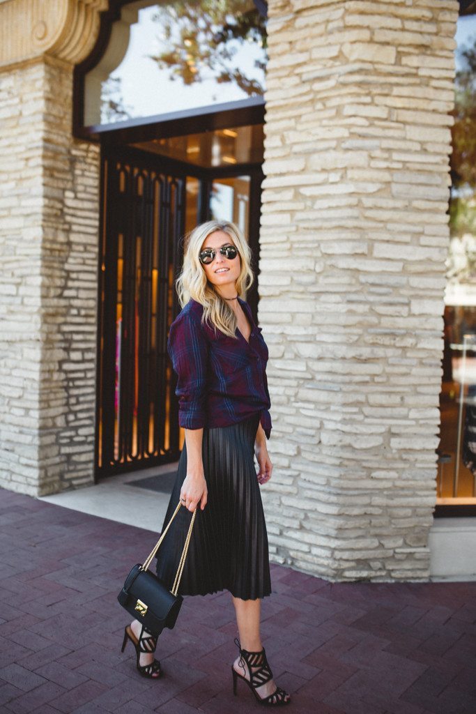 Black Pleated Leather Midi Skirt with Plaid Shirt Black Pleated Leather Midi Skirt with Plaid Shirt — Leather Skirt Outfits