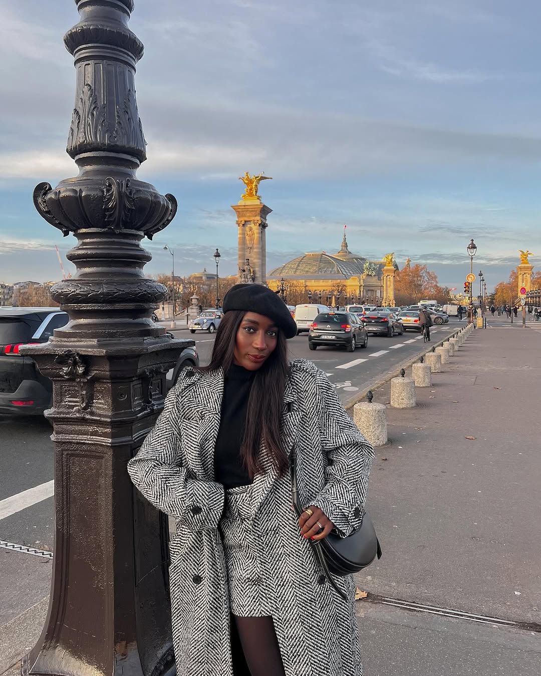 Herringbone Coat with Black Turtleneck, Mini Skirt, and Beret — Paris Winter Outfits