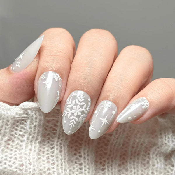 Muted Grey with Raised Snowflake Designs Muted Grey with Raised Snowflake Designs — Pastel Winter Nails