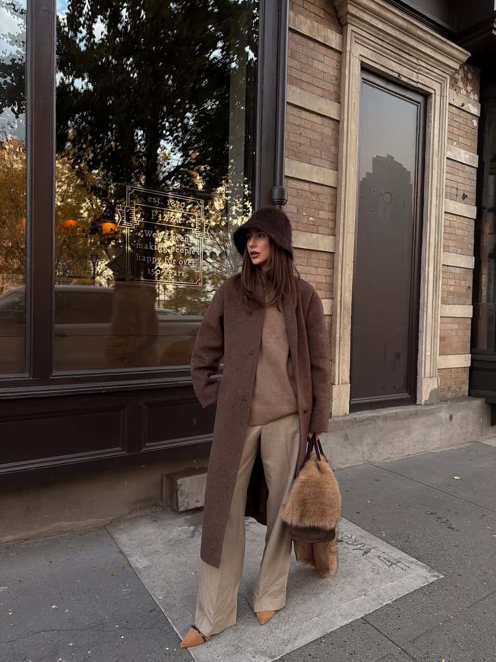 Monochromatic Brown Ensemble with a Bucket Hat and Long Coat — NYC Winter Outfits