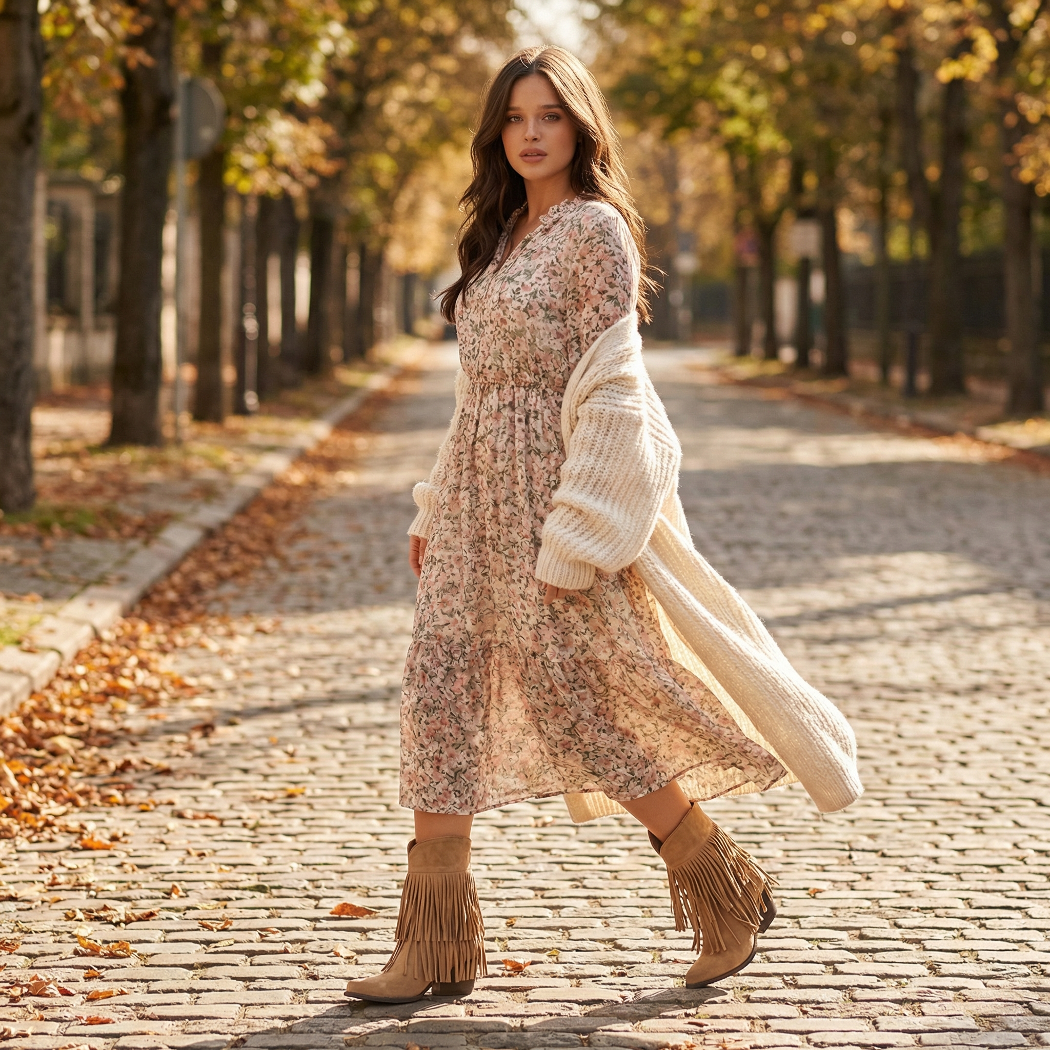 Fringe Ankle Boots with Floral Midi Dress for Casual Daytime Fringe Ankle Boots with Floral Midi Dress for Casual Daytime — Ankle Boots Outfits