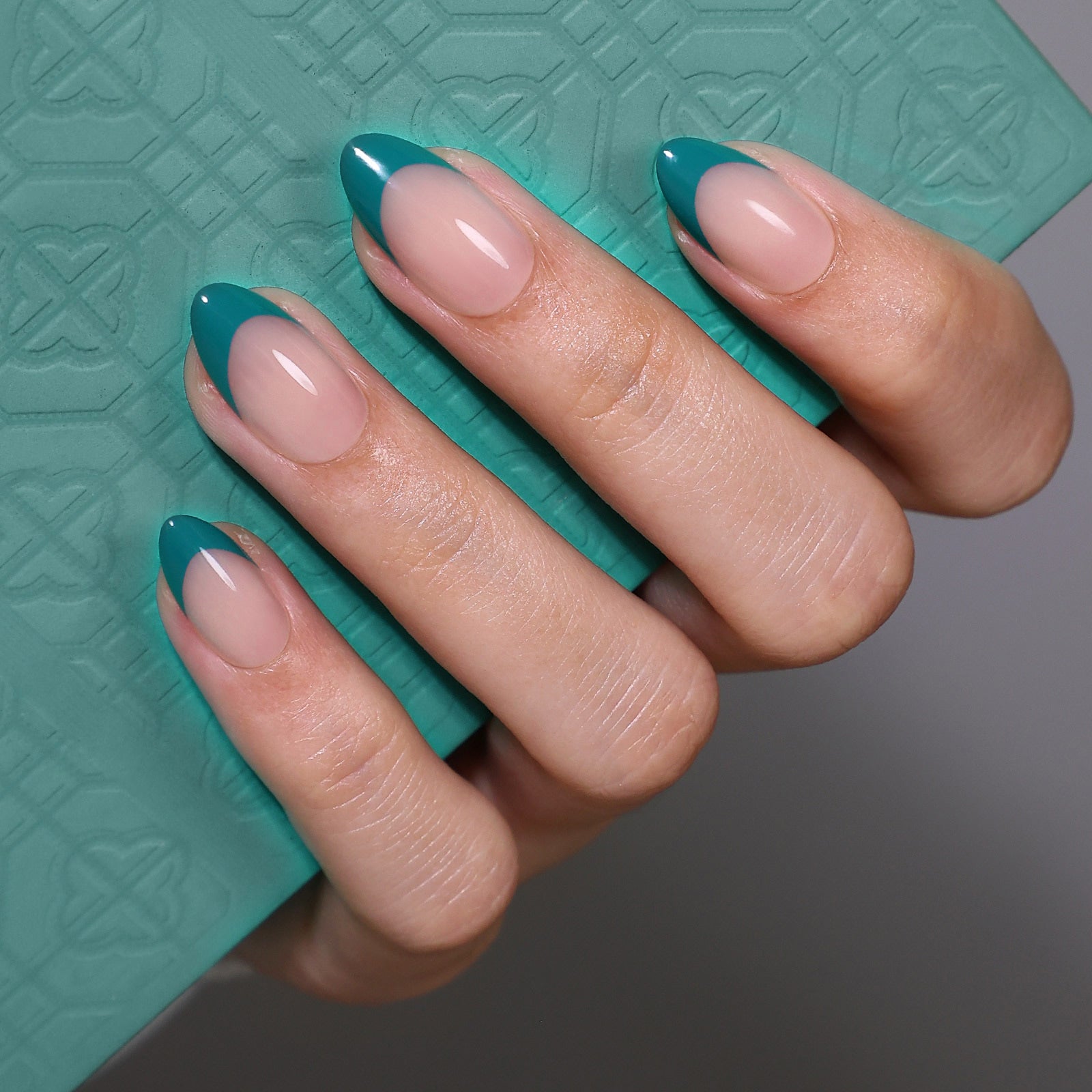 Sheer Pink Dark Cyan French Tip Almonds Sheer Pink Dark Cyan French Tip Almonds — Short Winter Almond Nails