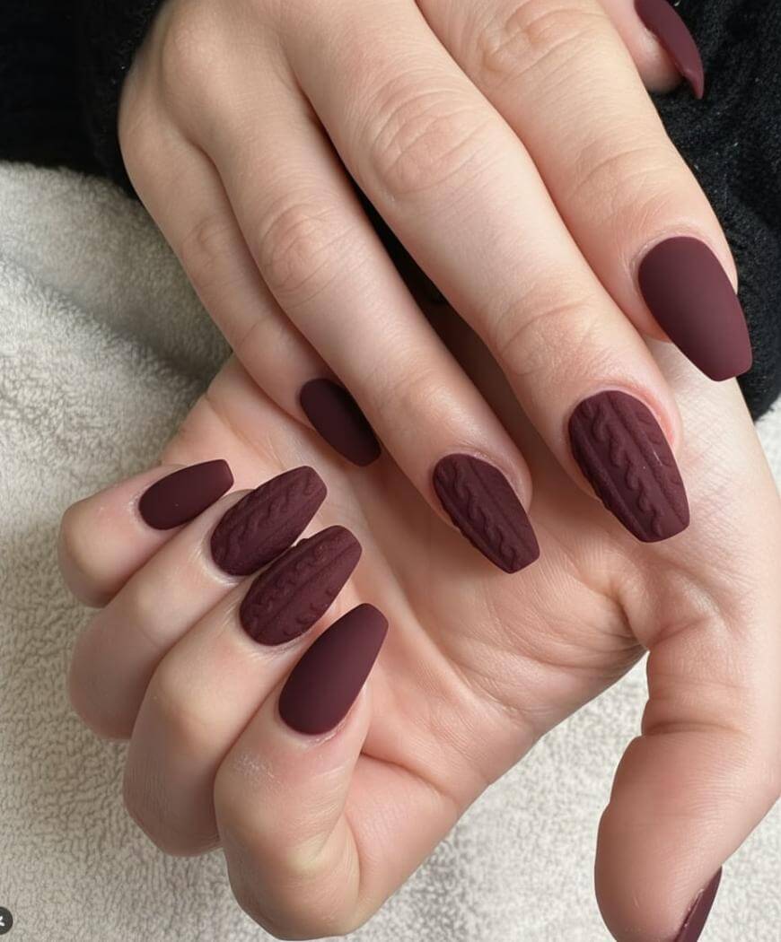 All-Over Matte Burgundy Cable Knit Nails All-Over Matte Burgundy Cable Knit Nails — Sweater Nails