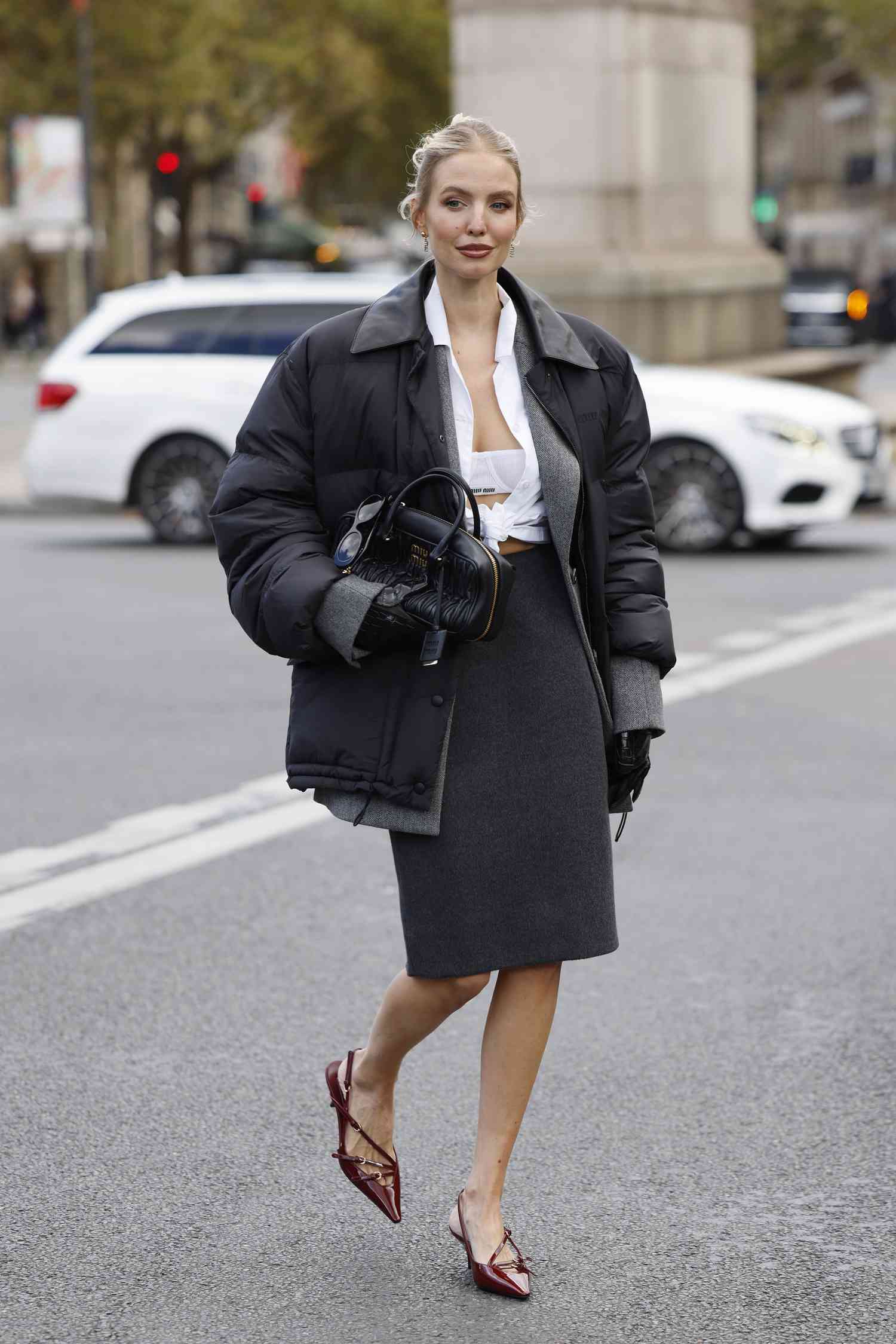 Sophisticated Layering: Black Puffer Over Blazer with Pencil Skirt — Winter Puffer Jacket Outfits