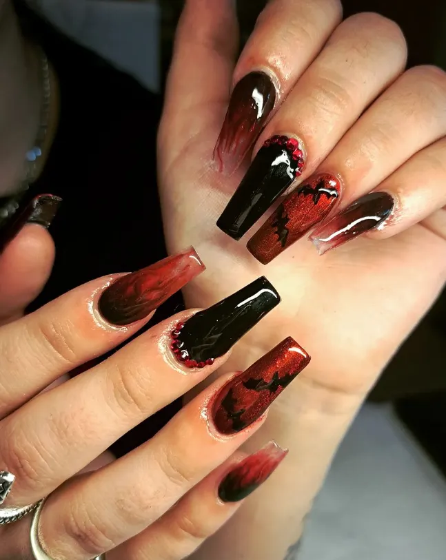 Black and Red Fiery Ombre Coffin Nails Black and Red Fiery Ombre Coffin Nails — coffin nail designs