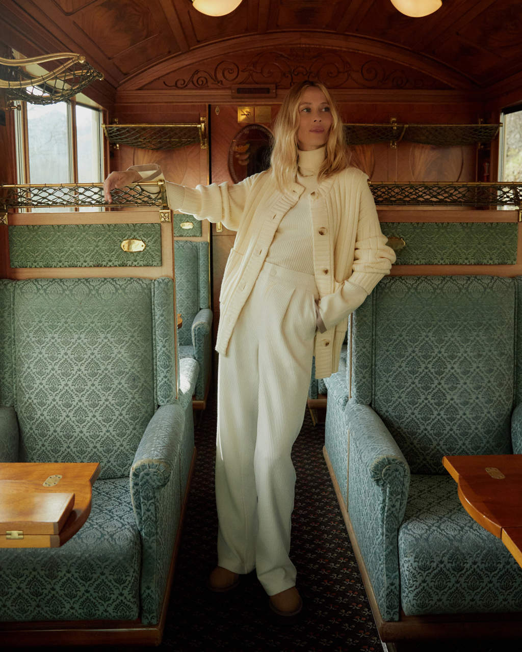 Cozy Travel Ensemble: Cream Ribbed Knit Set with Beige Loafers — Winter Capsule Wardrobe