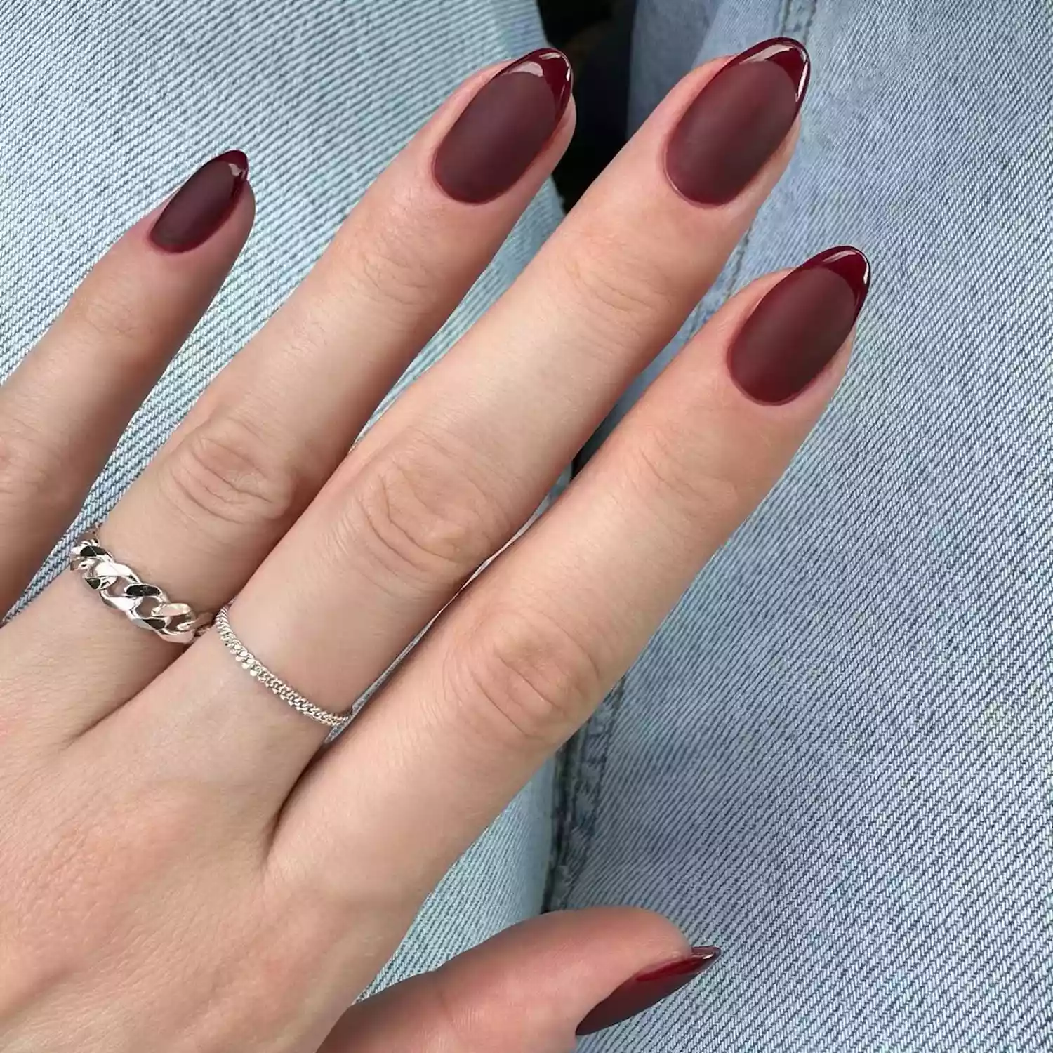 Matte Burgundy Glossy Tip Almond Nails Matte Burgundy Glossy Tip Almond Nails — Winter Almond Nails