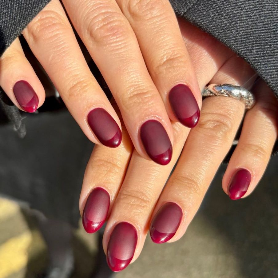 Burgundy Matte With Glossy French Tips Burgundy Matte With Glossy French Tips — Winter Matte Nails