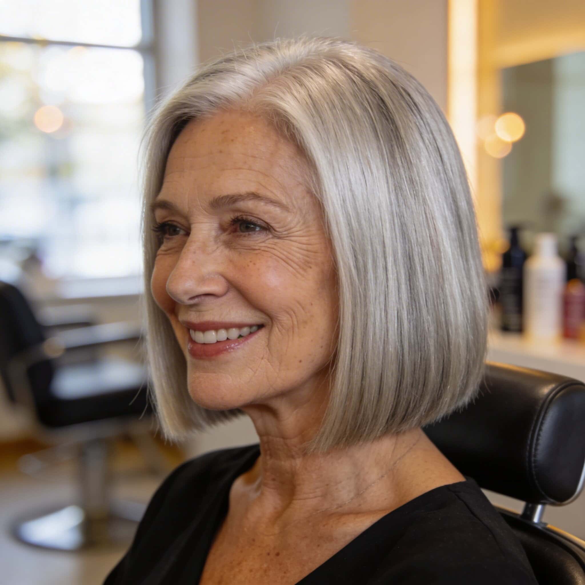 Sleek Silver Grey Blunt Bob — Winter Hair Colors for Women Over 60