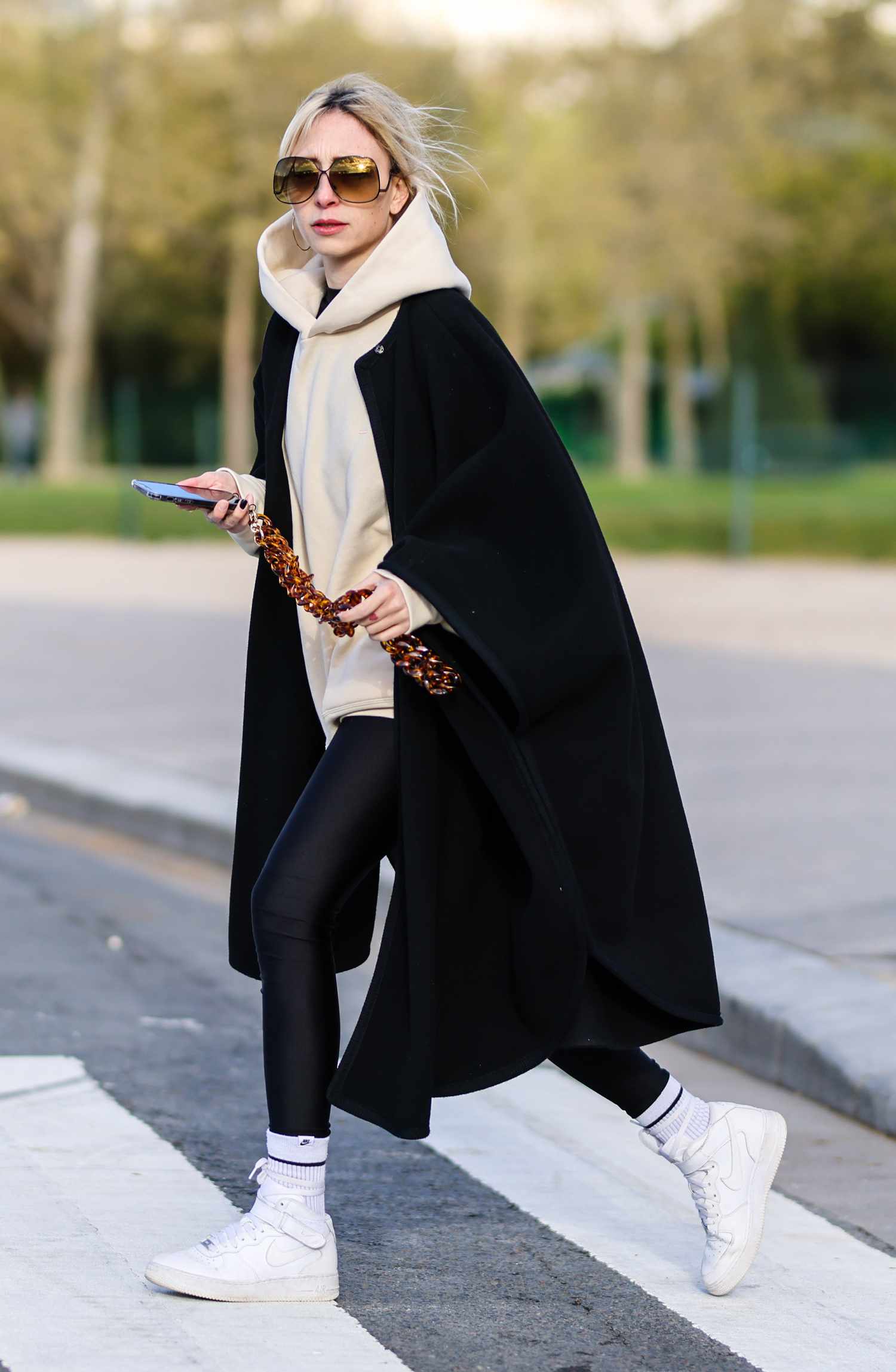 Black Cape and Beige Hoodie with Black Leggings Black Cape and Beige Hoodie with Black Leggings — Winter Outfits with Leggings