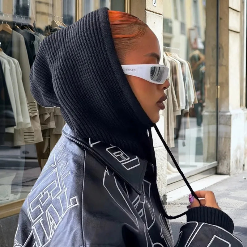 Graphic Leather Jacket with Balaclava Hood — Winter Streetwear Outfits