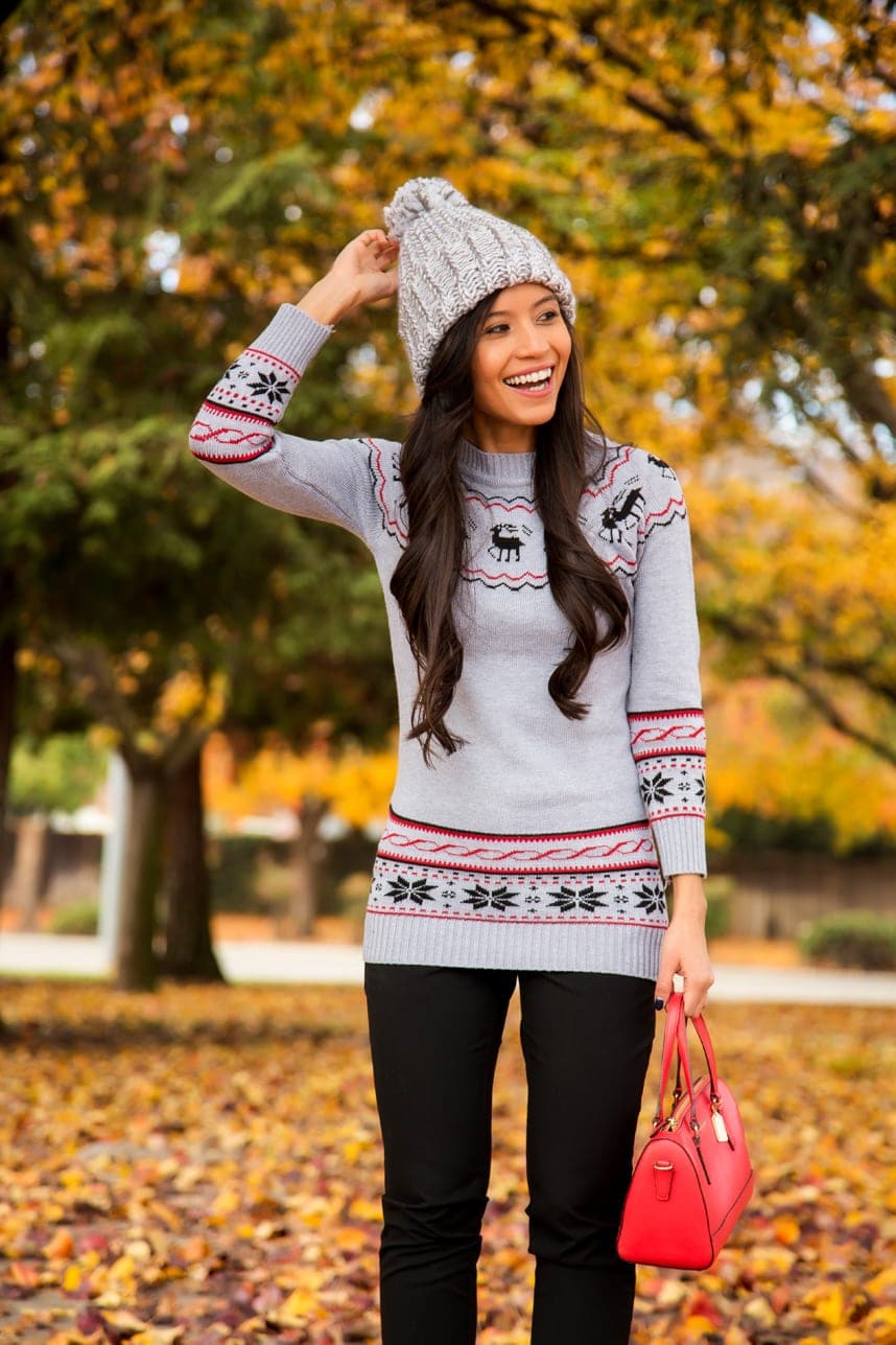 Grey Fair Isle Sweater with Moose Graphic and Black Trousers Grey Fair Isle Sweater with Moose Graphic and Black Trousers — Fair Isle Sweater Outfits