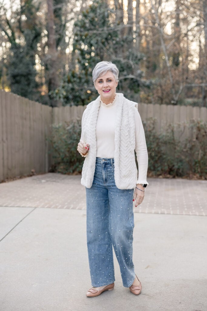 Embellished Denim: Pearl-Adorned Wide-Leg Jeans with Faux Fur Vest — Winter Outfits with Jeans