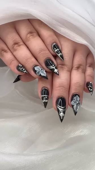 Sheer Pink Stiletto with Black Lace and Bows Sheer Pink Stiletto with Black Lace and Bows — black nail ideas