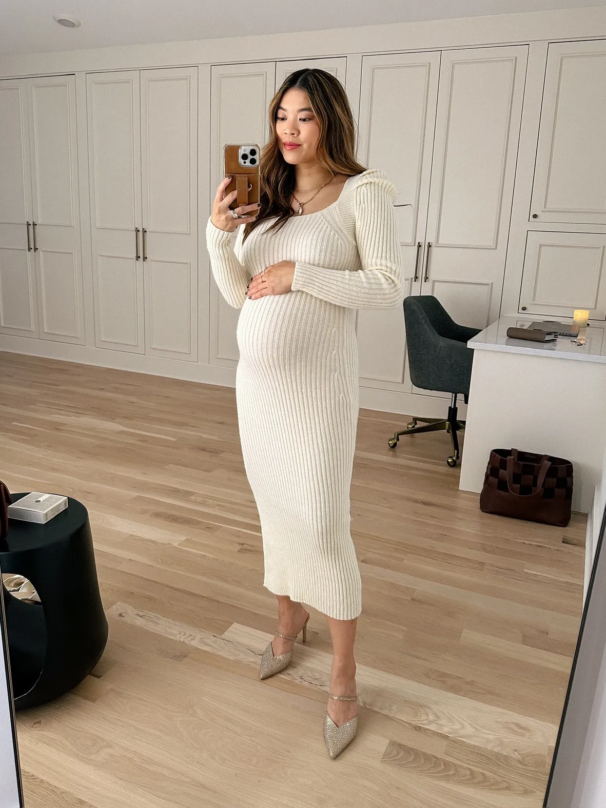 Chic Cream Ribbed Knit Maternity Dress with Sparkly Heels — Winter Maternity Outfits