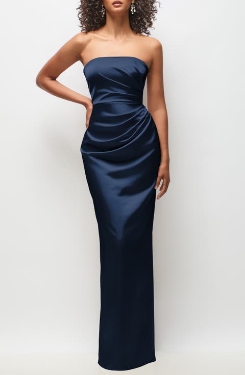 Navy Blue Strapless Satin Gown with Draping Navy Blue Strapless Satin Gown with Draping — Dressy Winter Outfits