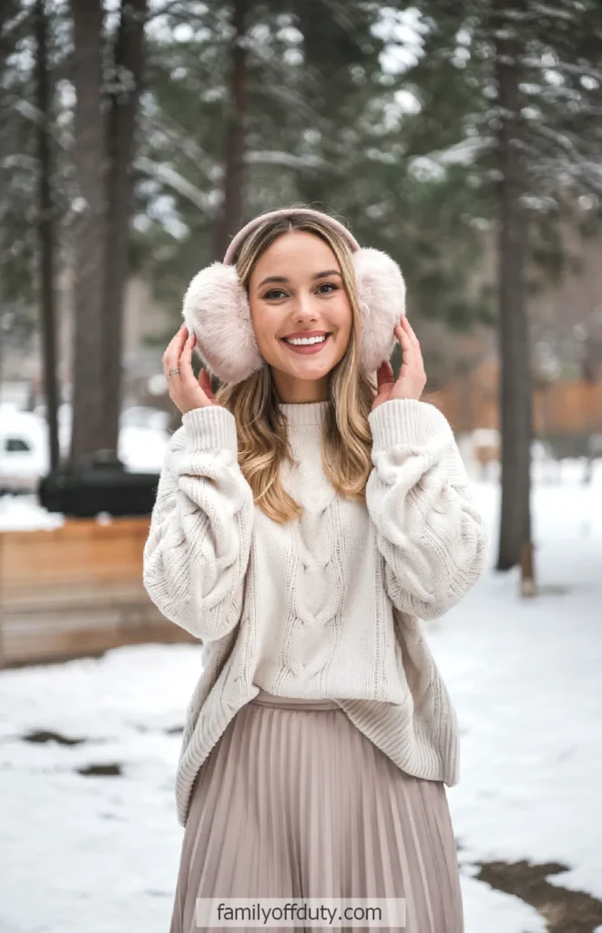 Casual Comfort: Pink Earmuffs with Cable-Knit and Pleated Skirt Casual Comfort: Pink Earmuffs with Cable-Knit and Pleated Skirt — Earmuffs Outfits