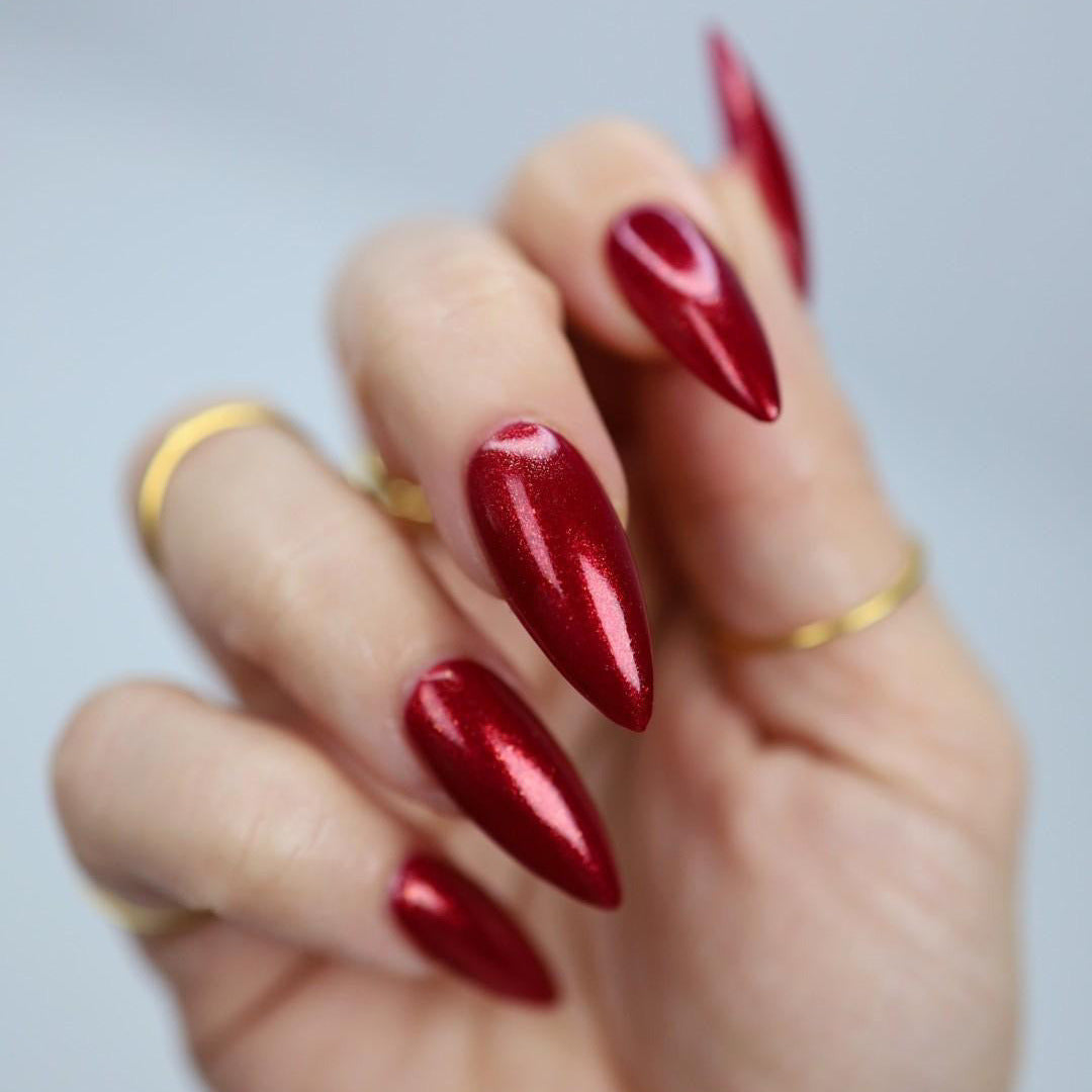 Deep Red Shimmer Stilettos Deep Red Shimmer Stilettos — Winter Formal Nails