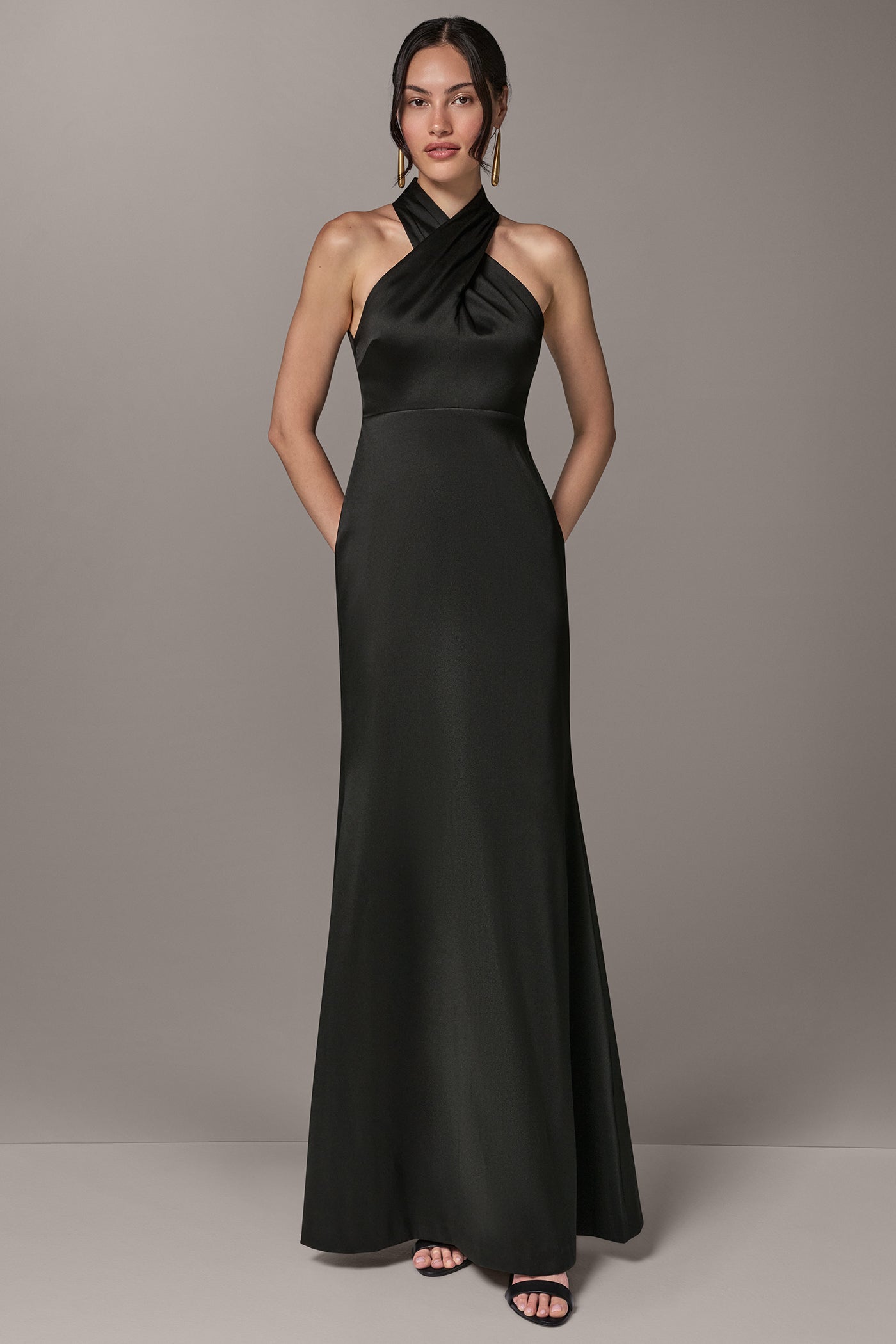 Black Satin Column Gown with Halter Neckline Black Satin Column Gown with Halter Neckline — Winter Formal Dresses