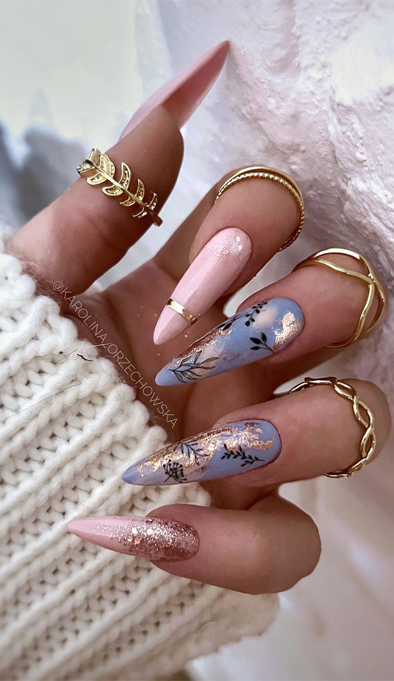 Botanical Art Gold Foil Stiletto Nails Botanical Art Gold Foil Stiletto Nails — Cute Winter Nails