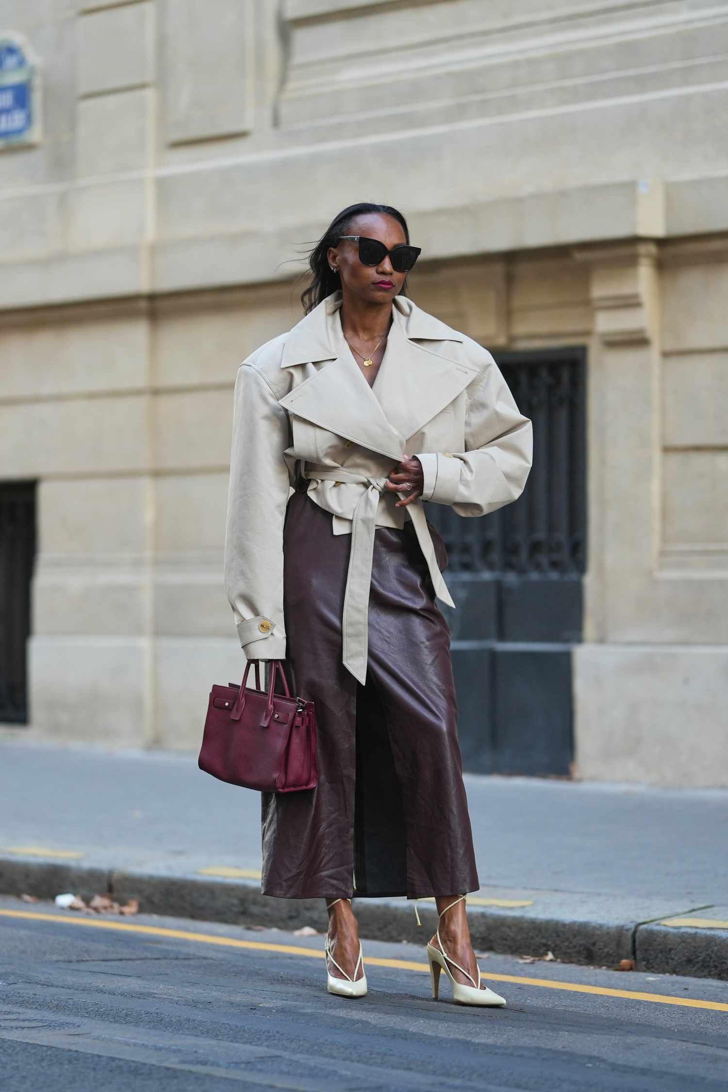Smart Casual Contrast: Beige Trench with Burgundy Faux Leather Skirt Smart Casual Contrast: Beige Trench with Burgundy Faux Leather Skirt — Long Coat Outfits