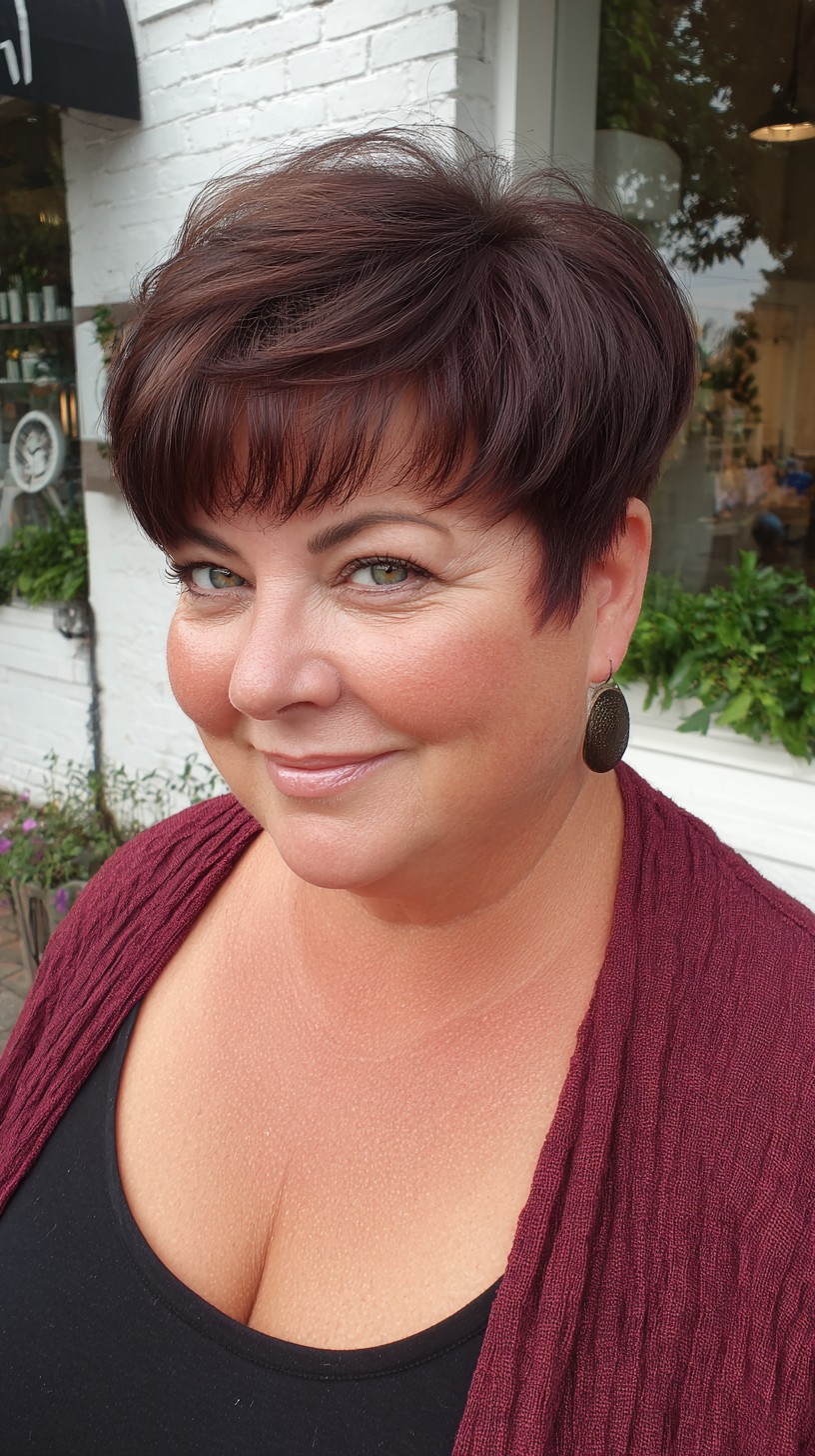 Dark Auburn Pixie With Swept Bangs — Winter Haircuts for Plus Size Women