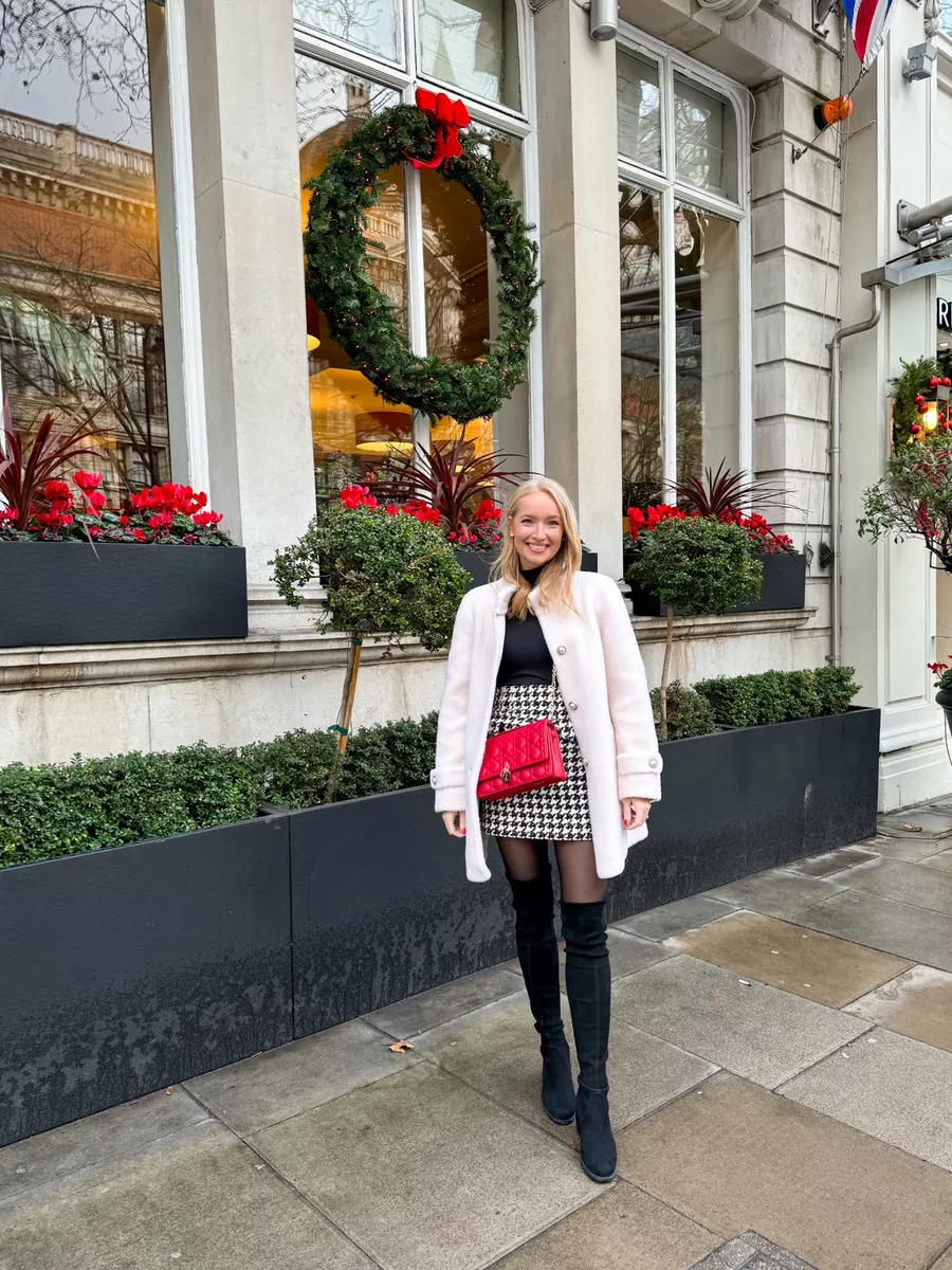 Pink Coat Over Black Turtleneck and Houndstooth Mini Skirt Pink Coat Over Black Turtleneck and Houndstooth Mini Skirt — Comfy Winter Outfits