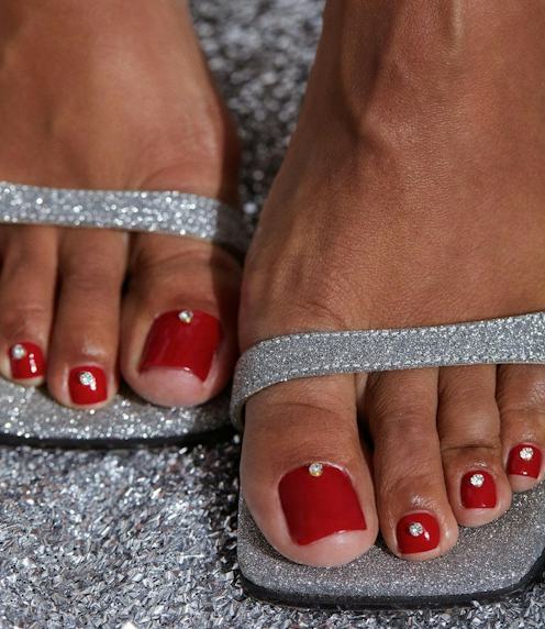 Deep Red Toes with Cuticle Rhinestones — Winter Toe Nails