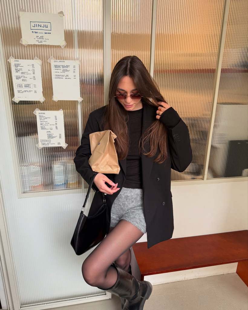 Oversized Black Blazer Over Turtleneck and Sheer Tights Oversized Black Blazer Over Turtleneck and Sheer Tights — Winter Date Night Outfits