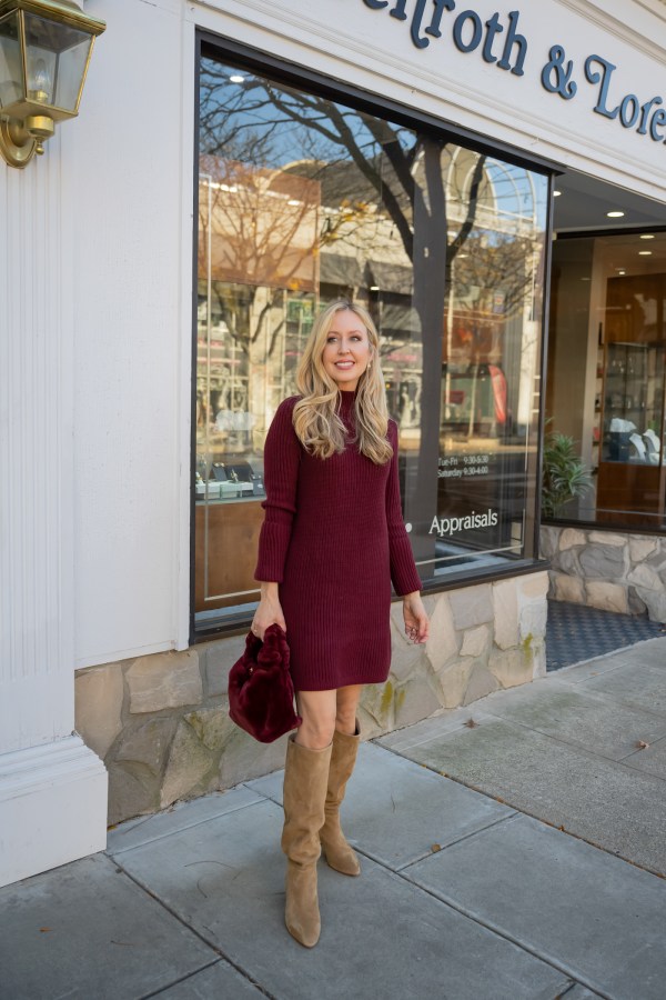 Rich Burgundy Knit Dress with Tan Boots Rich Burgundy Knit Dress with Tan Boots — Winter Going Out Outfits