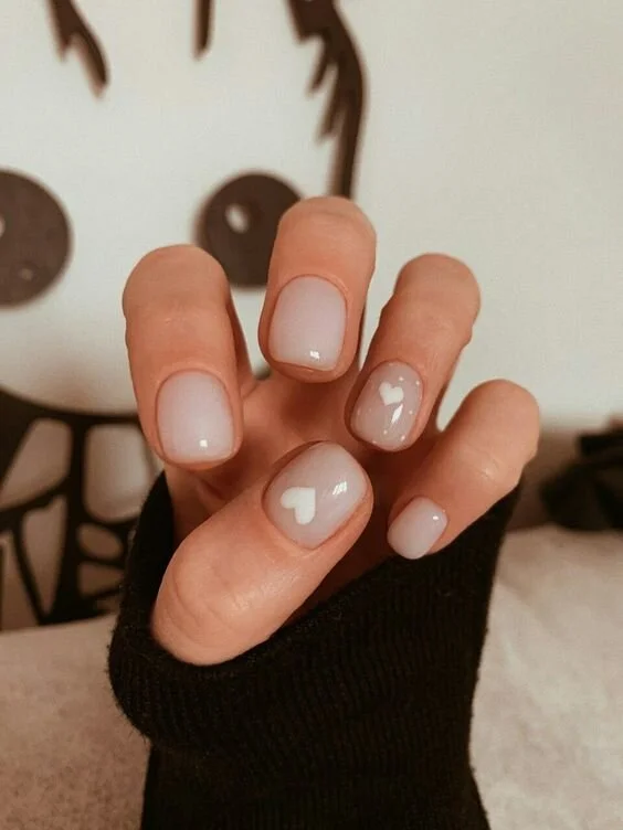 Milky Pink with Subtle Hearts Milky Pink with Subtle Hearts — Short Winter Gel Nails