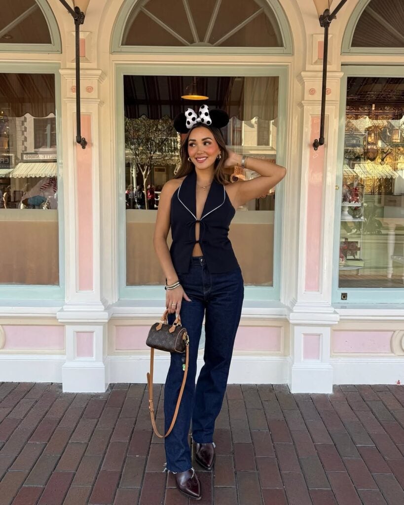 Navy Halter Top and Jeans for a Casual Disney Theme Park Outfit Navy Halter Top and Jeans for a Casual Disney Theme Park Outfit — Disney Winter Outfits